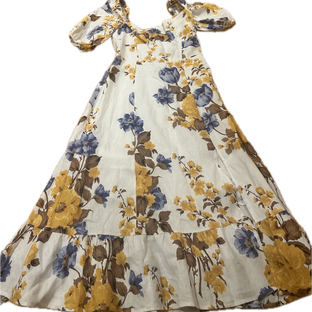 Reformation Dress in Yellow, Blue, and Brown Floral